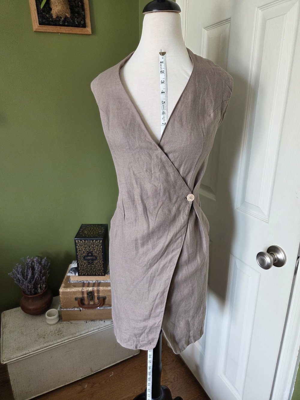 Sleeveless 100% Linen Wrap Dress in Taupe